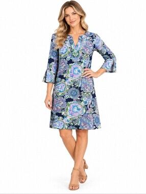 Jude Connally Womens Mini Dress Paisley V Neck Size Large Blue Pink Stretchy